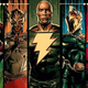 Promotional art for WB's Black Adam movie, with Adam in the center, flanked by the Justice Society members.